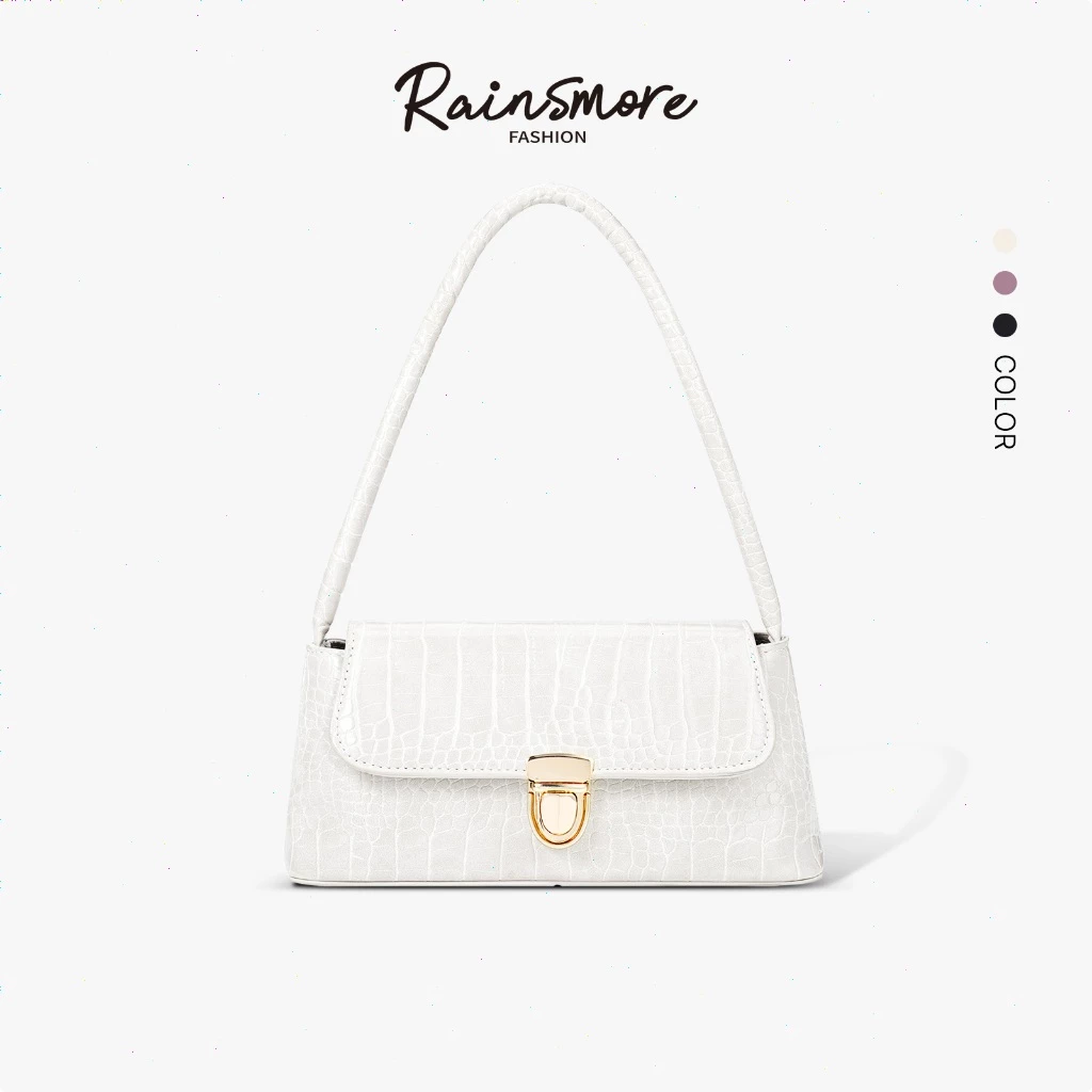 RAINSMORE- ฝนตก-ลายจระเข้กระเป๋าบาแกตต์อินเทรนด์ใต้วงแขนกระเป๋ากระเป๋าสะพายสุภาพสตรีลายจระเข้+รายละเอียดหัวเข็มขัดทองไทยหรูหราง่ายต่อการถอดหยิก