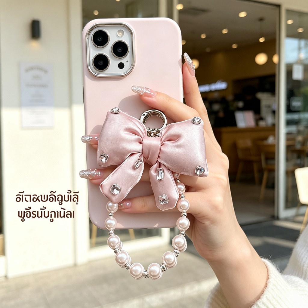 สายคล้องมือถือโบว์สีชมพู สไตล์เกาหลี ตกแต่งไข่มุกและเพชร งานแมทช์สุดหวาน สายหูโทรศัพท์ผู้หญิง น่ารักมาก