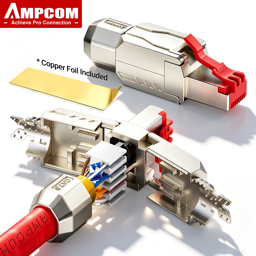 AMPCOM หัว LAN RJ45 แบบไม่ต้องใช้คีม Toolless Zinc Alloy Shielded, Up to 40Gbps 2000Mhz มีให้เลือก CAT8 CAT7 CAT6A CAT6 รองรับสาย 22-26AWG แพ็ค 2 ชิ้น