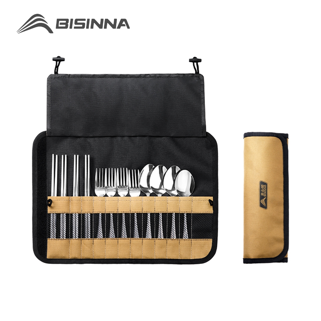 BISINNA ชุดอุปกรณ์ทานอาหารแคมป์ปิ้ง สแตนเลส 304 ช้อน ตะเกียบ ส้อม พร้อมถุงเก็บสำหรับปิกนิกกลางแจ้งและเดินทาง