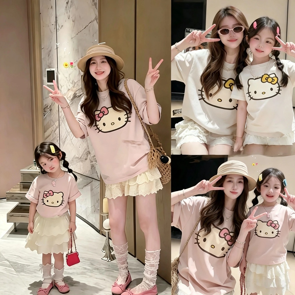 NASA เสื้อยืดแขนสั้น ชุดครอบครัว ผ้าฝ้าย 100% เสื้อคู่แม่ลูก Hello Kitty ลายการ์ตูน ระบายอากาศได้ดี สวมใส่สบาย
