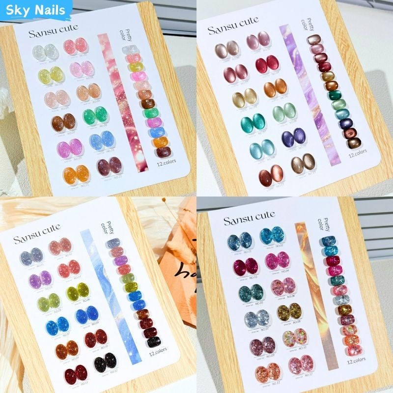เซตสีเจลลูกแก้ว เซตสีกลิตเตอร์ สีมาการอง sansu cute 12 สี สีเจลแคทอายเนื้อซาติน/สีเจลแคทอาย ลูกแก้ว เจลแฟลช /สีเจลกลิซเตอร์ (ฟรีชาร์ทสี）