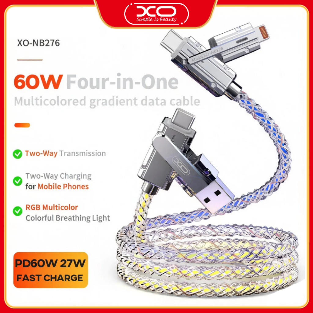 XO NB276 ที่ชาร์จเชิงกลแบบมีไฟ 4-in-1 60W, สายเคเบิลข้อมูล Type-C, สายเคเบิลข้อมูลแบบชาร์จเร็ว 4-in-