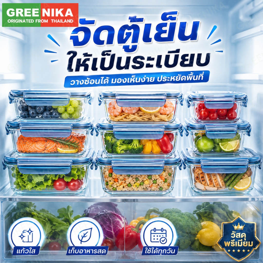 GREENIKA กล่องแก้วเก็บอาหาร ถนอมอาหาร มีซีลยางกันรั่วซึม ฝาล็อค2ชั้น ใช้ในตู้เย็นได้และเข้าไมโครเวฟได้