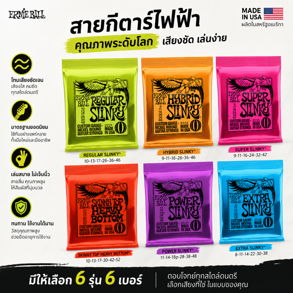🎸 สายกีตาร์ไฟฟ้า Ernie Ball Nickel Wound คุณภาพสหรัฐอเมริกา มีหลายรุ่นให้เลือก (Regular / Super / Heavy Bottom / Power / Extra Slinky)