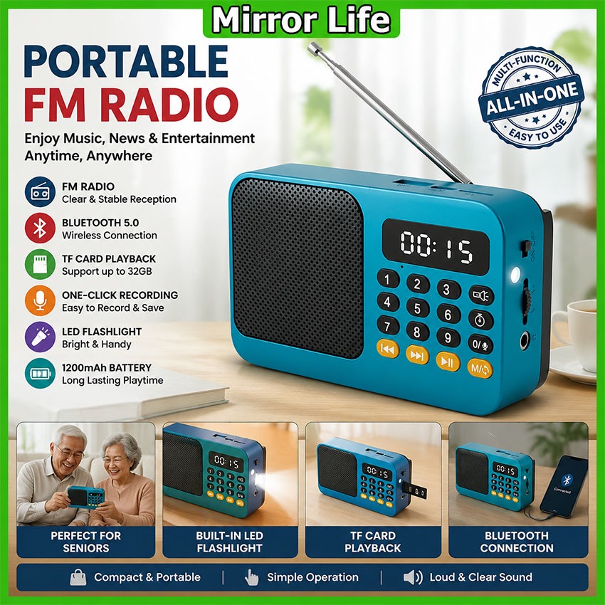 Mirror-Life ลําโพงไร้สายวิทยุFM Receiverบลูทูธ 5.0 วิทยุFMลําโพงแบบพกพาพร้อมไฟLEDรองรับการบันทึกTF Card USB Play