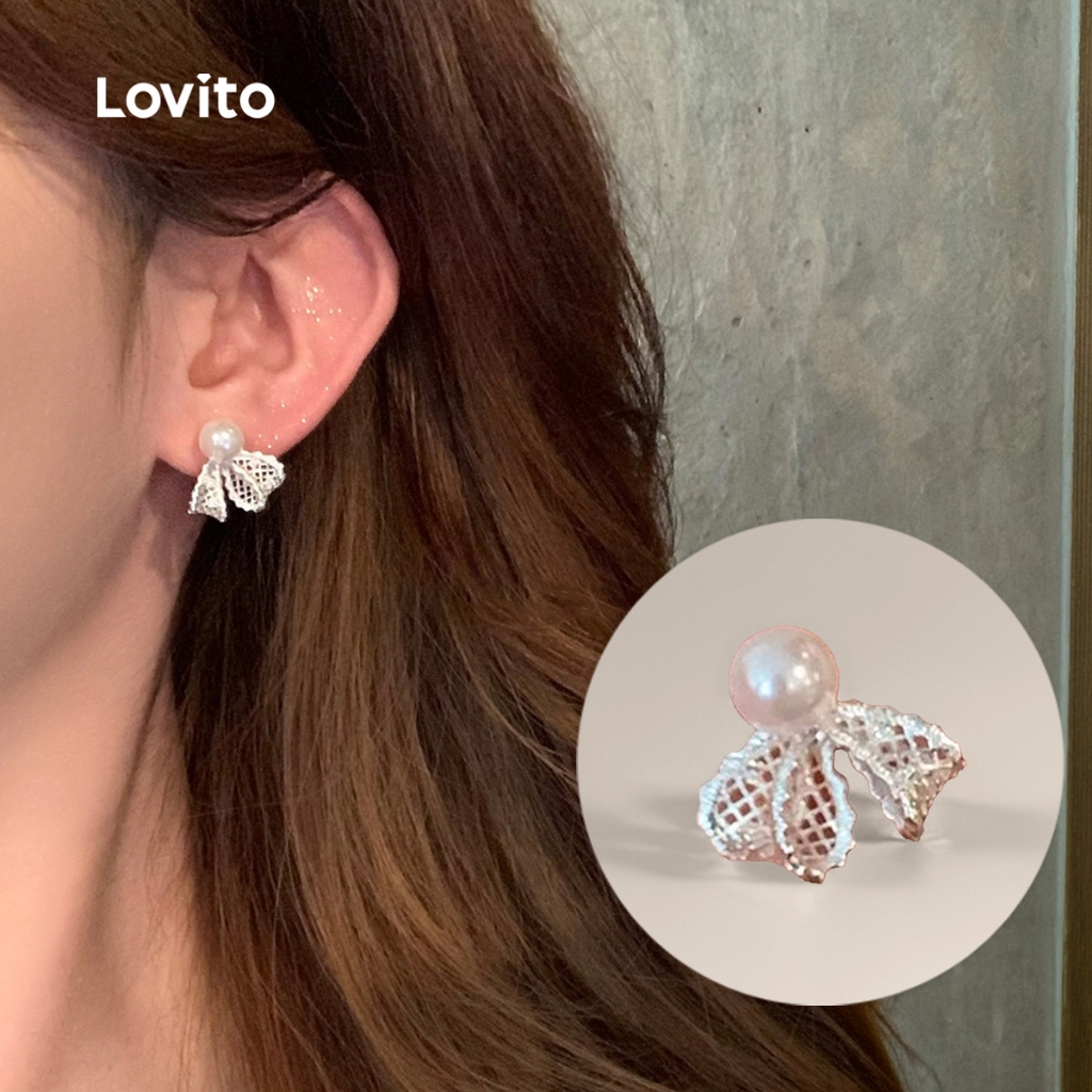 Lovito حلق لؤلؤ بتصميم دانتيل — صورة 7
