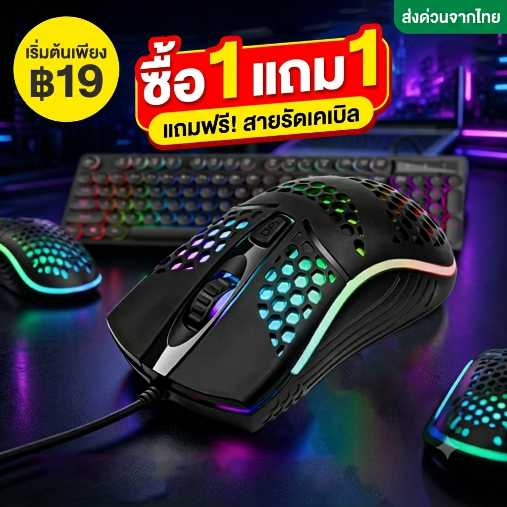 [ซื้อ 1 แถม 1] T-WOLF เมาส์เกมมิ่ง RGB มีสาย ฟรี! สายรัดเคเบิล เมาส์คอมพิวเตอร์ Ergonomic PC แล็ปท็อป