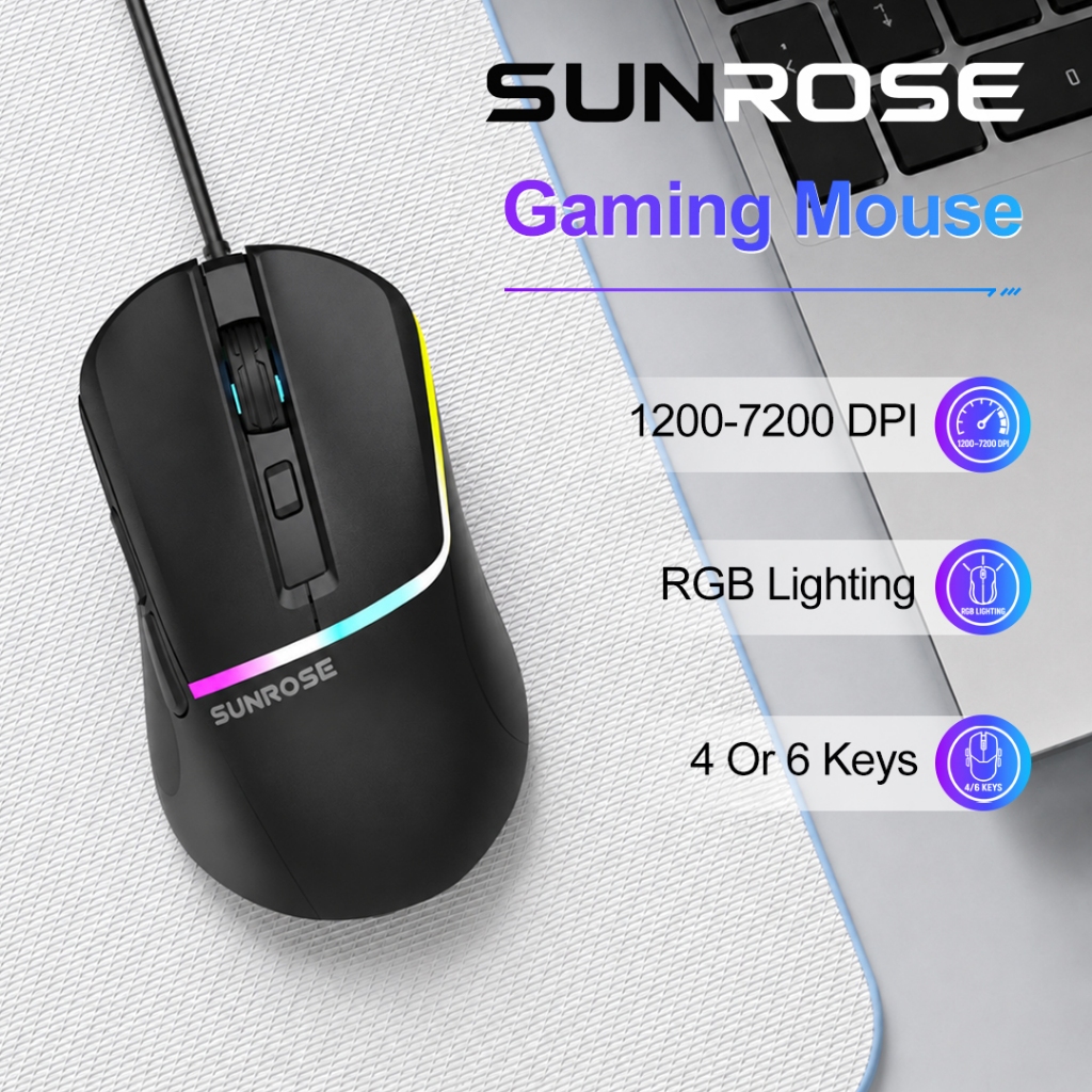 SUNROSE RGB เมาส์แบบมีสาย 1200-7200DPI เมาส์สําหรับเล่นเกม เมาส์สํานักงาน เมาส์ตามหลักสรีรศาสตร์ เมาส์แล็ปท็อป เมาส์คอมพิวเตอร์