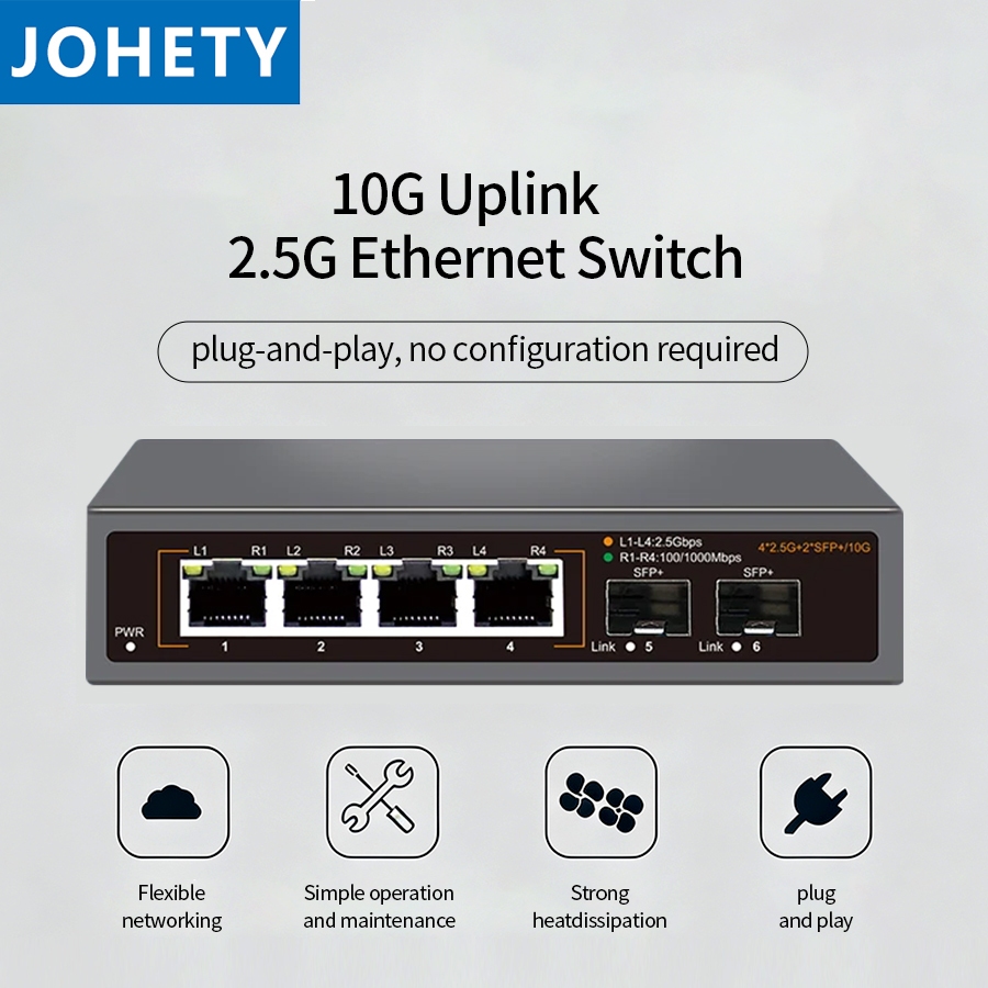 JOHETY 4 พอร์ต/8 พอร์ต 2.5Gb Ethernet Switch 2*10G SFP+ พอร์ต Uplink Network Switcher Hub Internet S