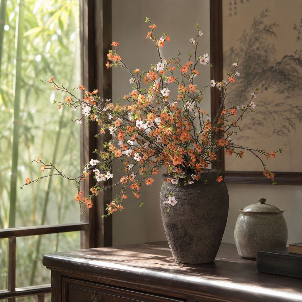 จําลองดอกพลัมดอกพีชตกแต่ง Floriculture เครื่องประดับห้องนั่งเล่นโต๊ะรับประทานอาหาร Entrance ตู้ทีวีตกแต่งบ้านดอกไม้ปลอม