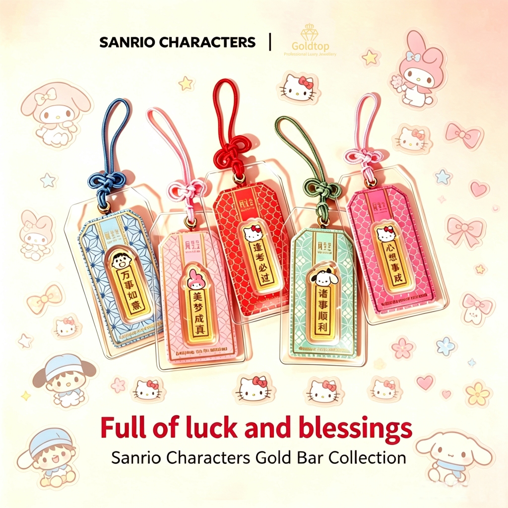 SANRIO GoldtopSanrio 999 Pure Gold Amulet Bar Hello Kitty/Cinnamoroll/Minna No Tabo/Keroppi/Pachiko Dog Lucky Fortune Talisman Gold Piece