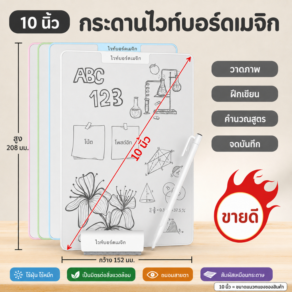 กระดานวาดภาพแม่เหล็ก 10 นิ้ว รุ่นใหม่ปี 2026 พร้อมหน้าจอไมโครแคปซูล สมุดวาดภาพไร้กระดาษแบบใช้ซ้ำ กระดานนาโนไร้หมึก ไร้ฝุ่น กระดานเขียนลบได้ถนอมสายตาสำหรับเด็ก