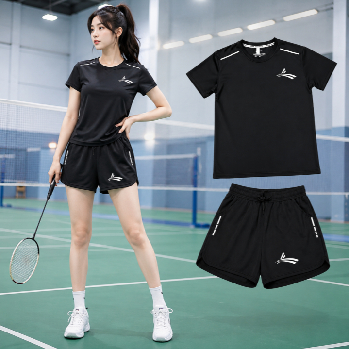 สุภาพสตรีแบดมินตันชุดกีฬาเสื้อยืดแขนสั้น + กางเกงขาสั้น Breathable Quick-Drying วิ่งฟิตเนส We