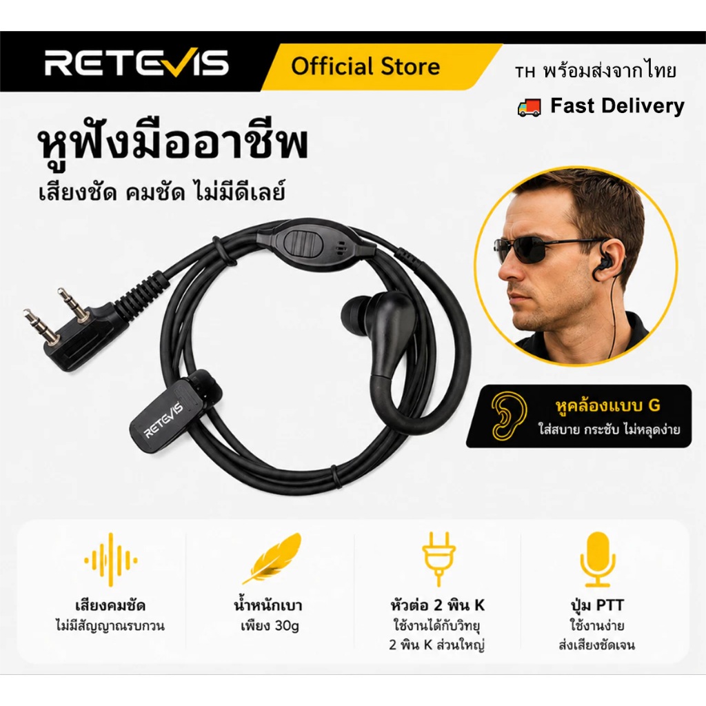Retevis EEK007 Kenwood 2 Pin Walkie Talkie หูฟังพร้อมไมโครโฟน PTT สําหรับ BF-888S UV-5R วิทยุสองทาง