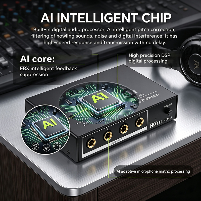 แบบพกพา AI Anti Howling Feedback Suppressor 6 ช่อง DSP ไมโครโฟนเสียงสําหรับ Home Karaoke Live Streaming Conference