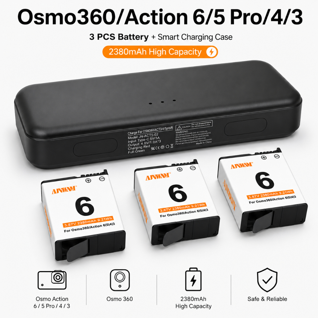 2380mAh สําหรับ DJI Osmo Action 5 Pro Action 4 แบตเตอรี่กล้อง 3 ช่อง fast charger สําหรับ DJI Osmo Action 4/3/5/6 อุปกรณ์เสริม