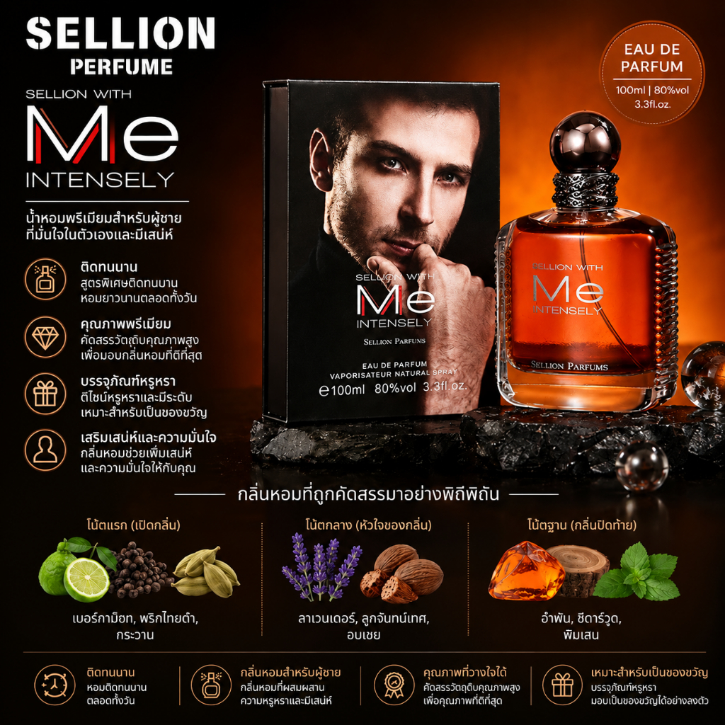 SELLION Me Intensely Eau de Parfum สําหรับชาย 100ml Luxury Amber สีน้ําตาลขวดแก้วติดทนนาน Citrus เผ็ด Woody ลาเวนเดอร์ Amber Mint Masculine น้ําหอมเดทของขวัญน้ําหอมสําหรับเขา