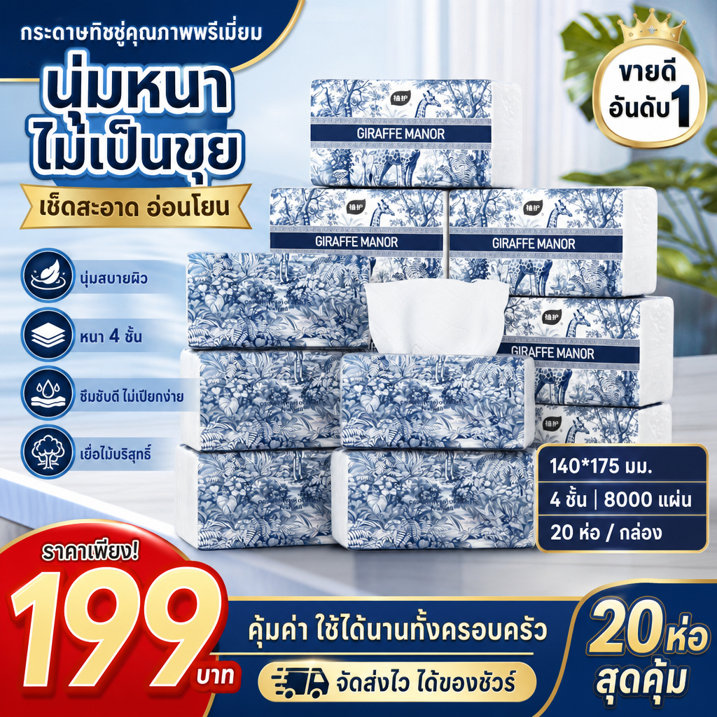 20 แพ็คBotare Air-Cushion Deluxe Comfort แขวนกระดาษทิชชู 4 ชั้น 400 แผ่นติดผนังเนื้อเยื่ออ่อนจํานวนมากมูลค่า Pack