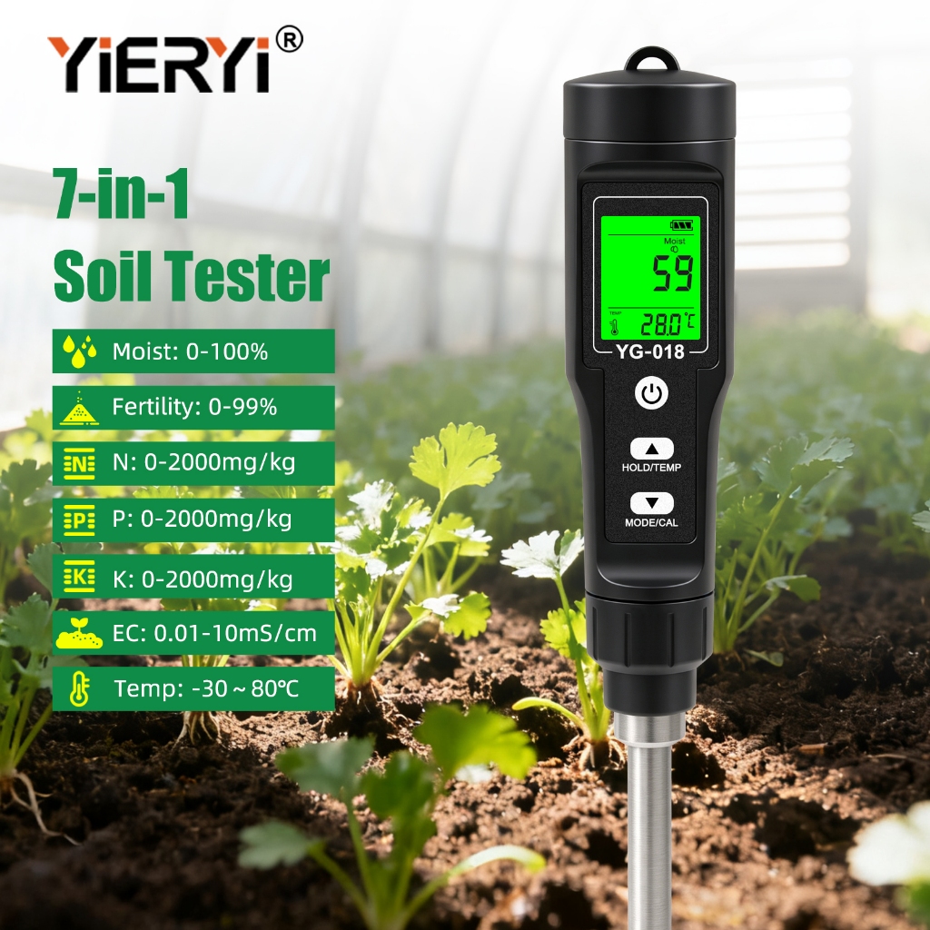 YIERYI 7-in-1 เครื่องทดสอบดิน N/P/K EC Moisture Fertility อุณหภูมิแบตเตอรี่ชาร์จที่ถอดออกได้ Probe สําหรับฟาร์มสวน