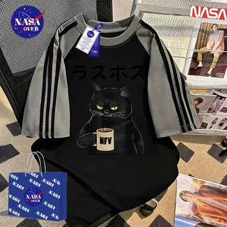 【จัดส่งตลอด 24 ชั่วโมง】🔥NASA ลายสามแถบ ดีไซน์ตัดสี ลายแมวน้อย เสื้อผญ เสื้😾oversizeคอกลม เสื้อYG1184
