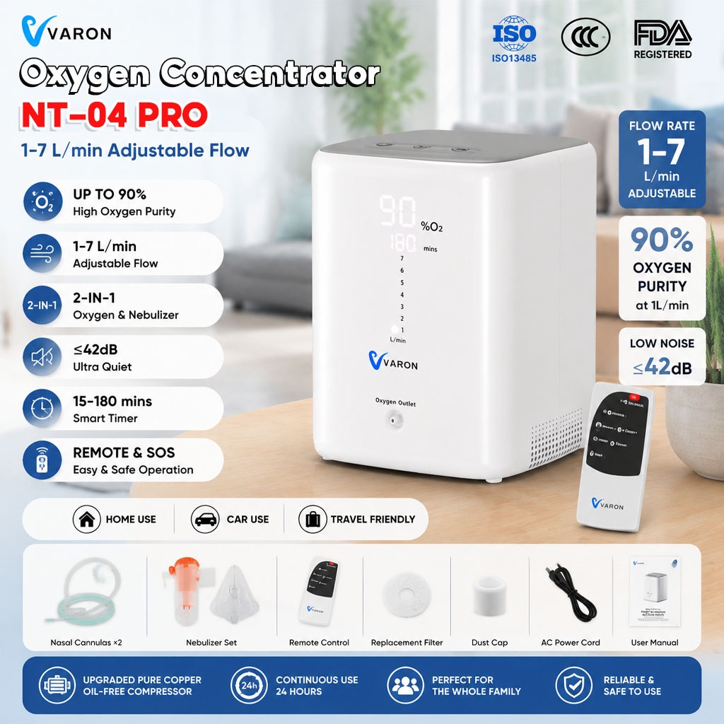 【COD+จัดส่งในพื้นที่】VARON NT-04 Pro เครื่องกําเนิดออกซิเจนในครัวเรือน 1-7L/min 90% Purity Nebulizer