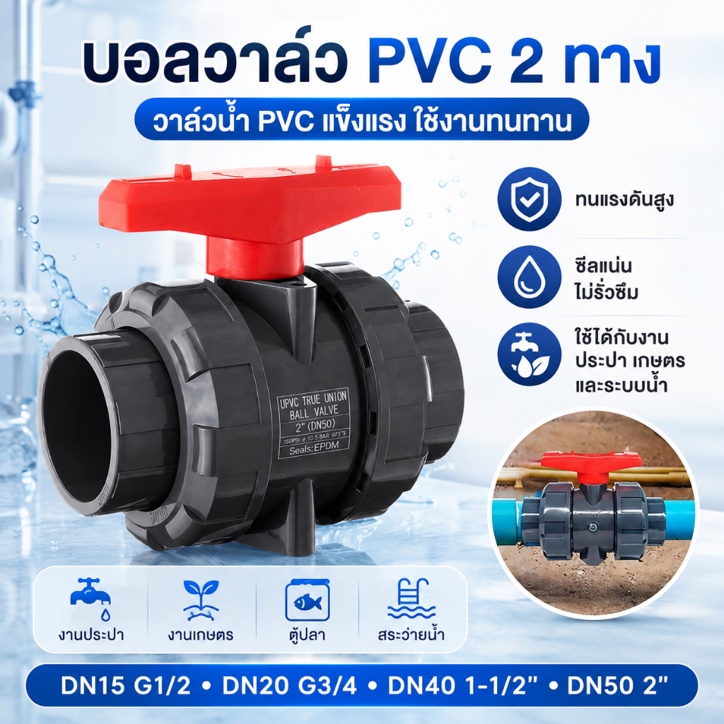 บอลวาล์ว PVC 2 ทาง วาล์วน้ำ PVC ทนแรงดัน เปิดปิดง่าย ไม่รั่ว วาล์วประปา สำหรับน้ำเกษตร ระบบน้ำสวน