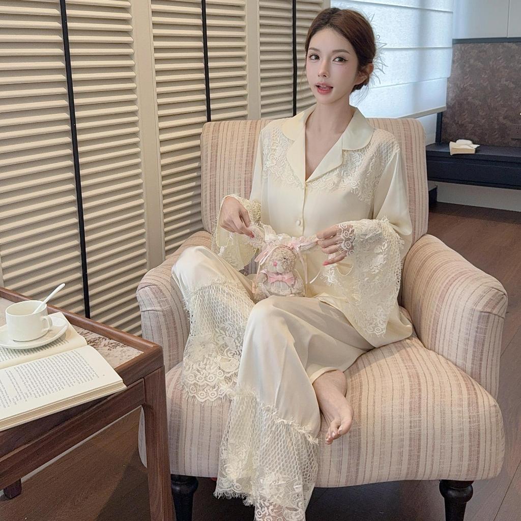 ชุดนอนสุภาพสตรี High-End ผ้าไหมลูกไม้สไตล์หรูหราแขนยาวฤดูร้อน Loungewear