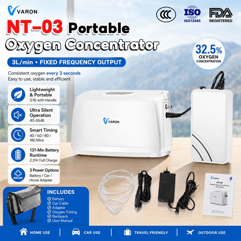 【COD+จัดส่งในพื้นที่】VARON Portable Oxygen Concentrator NT-03 3L/min PSA แบตเตอรี่ชาร์จ 2.2Hr Runtim