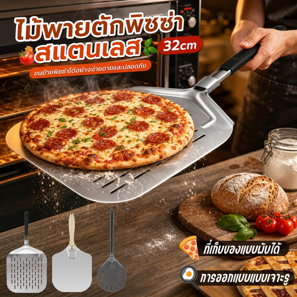 ไม้พายตักพิซซ่า สแตนเลส 32cm Pizza Peel อุปกรณ์เบเกอรี่ พายสแตนเลส สำหรับตักพิซซ่า เค้ก เบเกอรี่ พาย