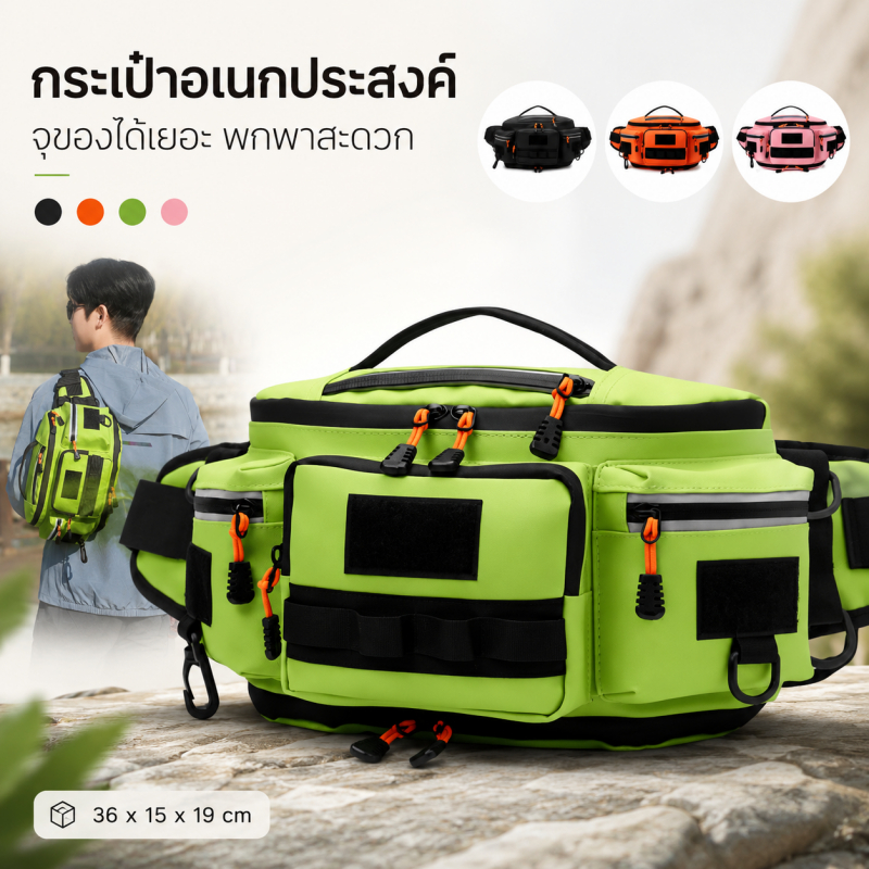 กระเป๋าคาดเอวมอเตอร์ไซค์ กันน้ำ ใช้ภายนอก สะพายข้าง/คาดเอว ดำ/เขียว/ส้ม/ชมพู แบ่งช่องเก็บของ