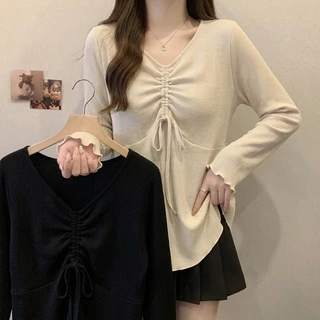 [ขนาดบวก] (40-150กก.) ฤดูใบไม้ผลิสไตล์ผู้หญิงฝรั่งเศส เชือกรูด เสื้อแขนยาว ฟลอนซี่ ที เสื้อเชิ้ตลําลอง ขนาดใหญ่เกินไป