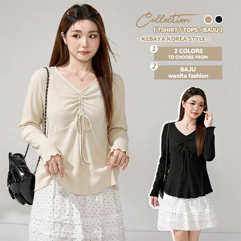 [ขนาดบวก] (40-150กก.) ฤดูใบไม้ผลิสไตล์ผู้หญิงฝรั่งเศส เชือกรูด เสื้อแขนยาว ฟลอนซี่ ที เสื้อเชิ้ตลําลอง ขนาดใหญ่เกินไป