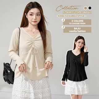 [ขนาดบวก] (40-150กก.) ฤดูใบไม้ผลิสไตล์ผู้หญิงฝรั่งเศส เชือกรูด เสื้อแขนยาว ฟลอนซี่ ที เสื้อเชิ้ตลําลอง ขนาดใหญ่เกินไป