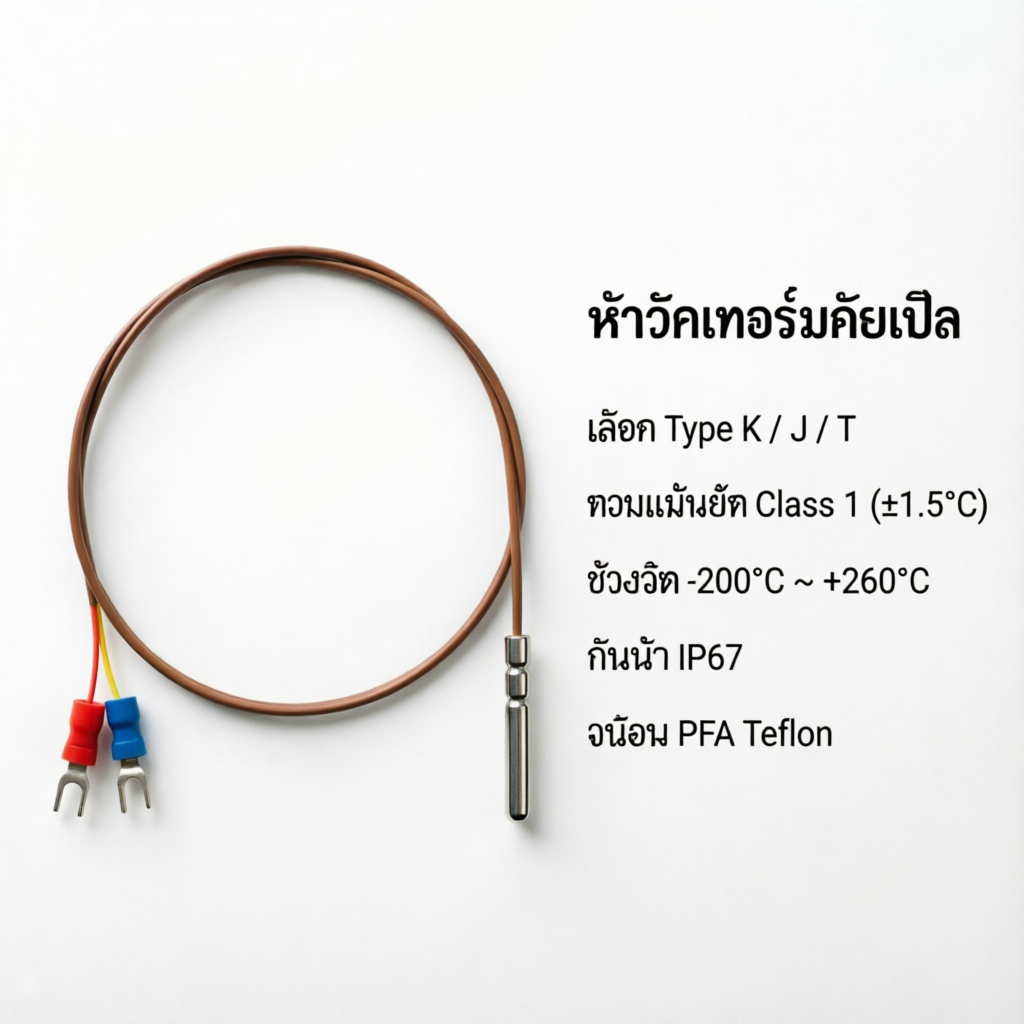 หัววัดเทอร์โมคัปเปิล เค ประเภท เจ เซ็นเซอร์ประเภท ที คลาส 1 ความแม่นยํา -200°ค ถึง +260°C 304 สแตนเลส IP67 กันน้ํา PFA Teflon ฉนวน 24 AWG ลวด 0.5 M 1 M 1.5 M 2 M 3 M 5 M 10 M