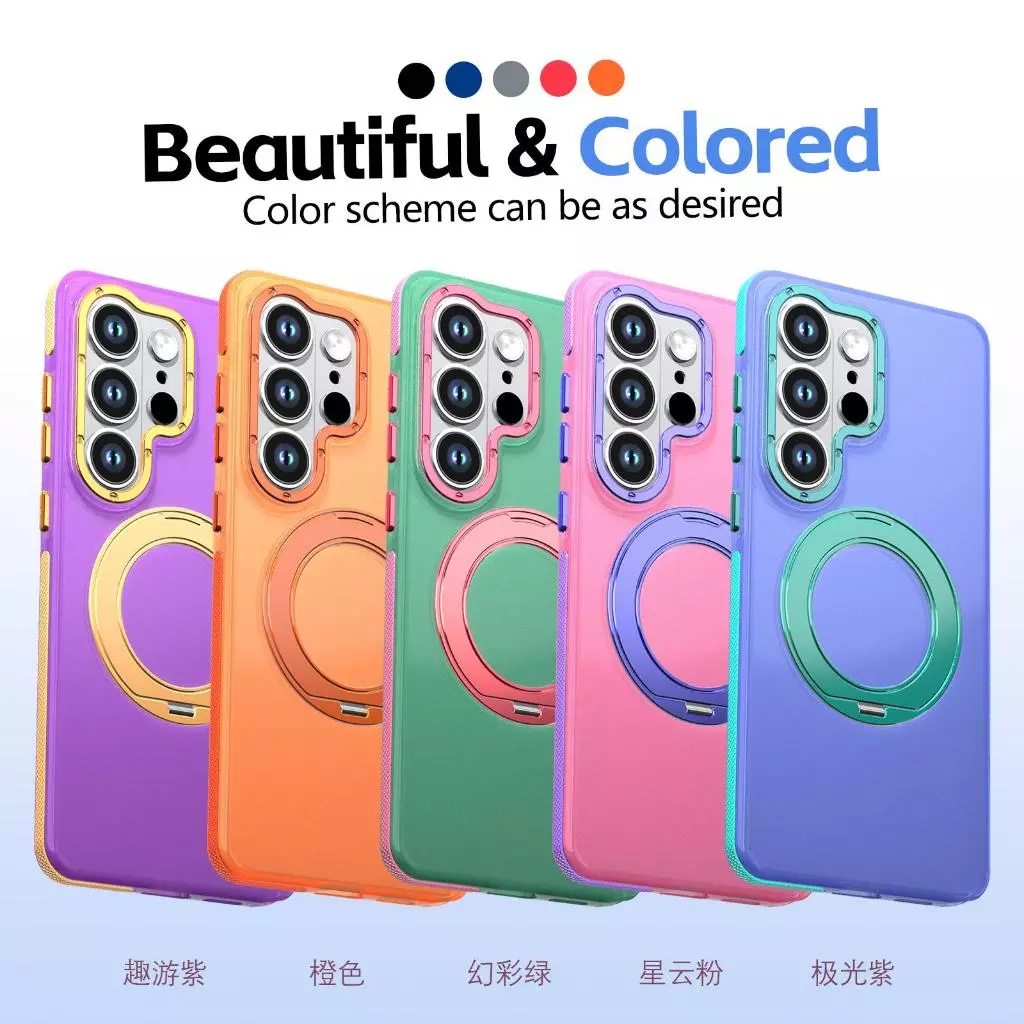 เคสโทรศัพท์แม่เหล็กสีตัดกัน 360° ขาตั้งแหวนหมุนได้ ขอบกันลื่น ฝาครอบป้องกันกันกระแทก ใช้ได้กับ Samsung S26 Ultra, Samsung S25, Samsung S24 Ultra, Sams