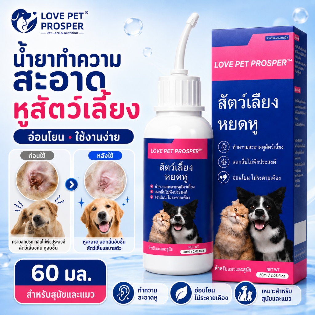 LOVE PET PROSPER น้ำยาล้างหูแมวและสุนัข ลดกลิ่นหู ทำความสะอาดหู อ่อนโยน สำหรับสัตว์เลี้ยง 60ml