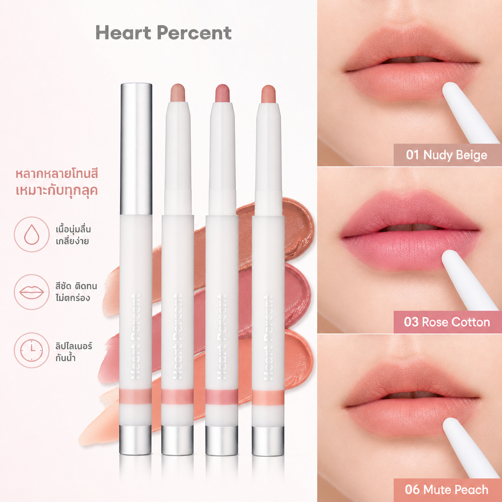 【Ready stock】Heart Percent Lip Liner 3-Pack – Nudy Beige, Rose Cotton, Mute Peach. Long-lasting nude