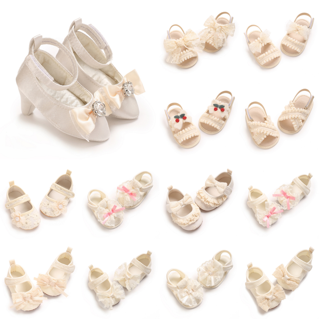 ทารกแรกเกิดงาช้างลูกไม้รองเท้าแตะเด็กน่ารักเชอร์รี่โบว์เจ้าหญิง Prewalkers Soft Sole ทารกแรกเดินรองเท้าสําหรับวันเกิด Baptism