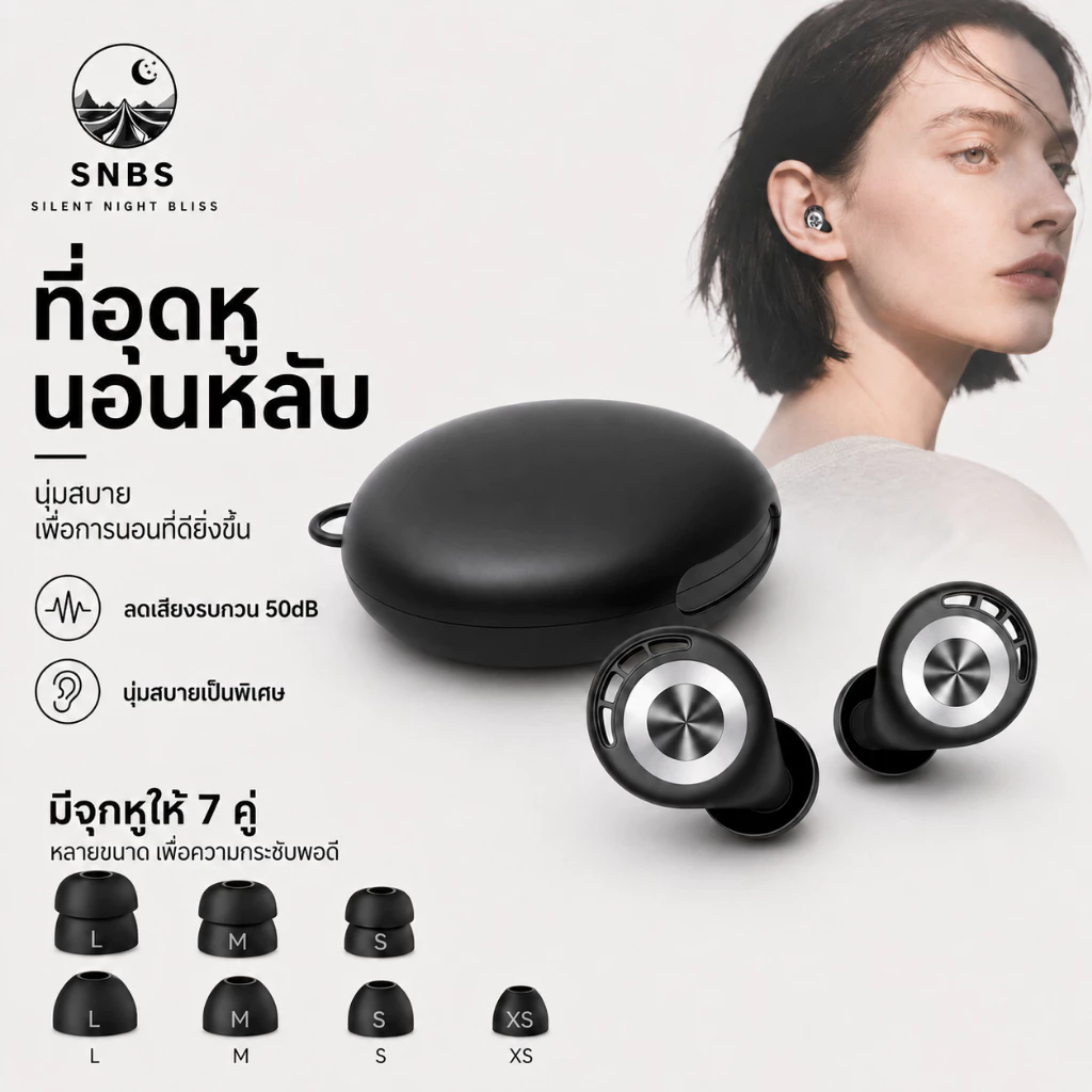 ที่อุดหูนอน SNBS ลดเสียงรบกวน 50dB ซิลิโคนนุ่ม ใส่สบาย พร้อมจุกหู 7 คู่ หลับสบายยิ่งขึ้น