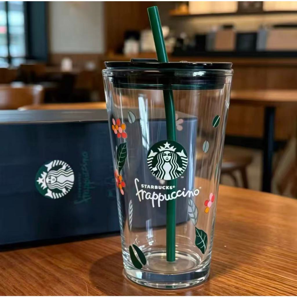 Ins Starbucks Minimalist Style 2025 สินค้าใหม่ Enjoy Small Green Leaf 450ml ถ้วยแก้วถ้วยกาแฟทนความร้อน