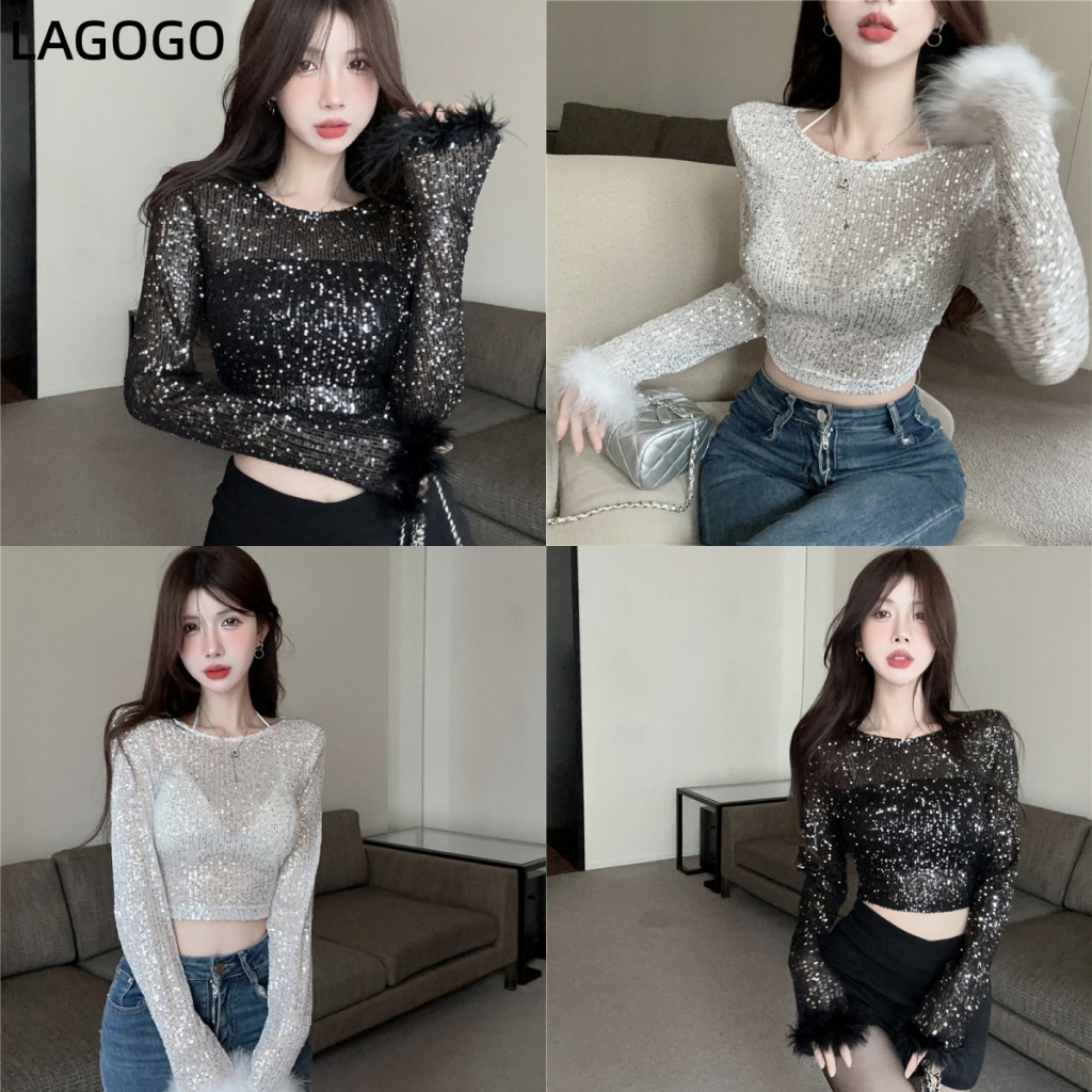 เสื้อยืดแขนยาวปักเลื่อมเซ็กซี่ผู้หญิงเย็บขนสัตว์ด้านใน จุดต่ําสุด เสื้อสลิมฟิตสะดือสั้นด้านบน