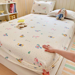 ผ้าฝ้าย 100% หมีและสัตว์ ผ้าปูที่นอนติดตั้งพิมพ์ลาย Single / Queen / King Size ผ้าปูที่นอน Cadar ผ้าปูที่นอนลายดอกไม้ไม่ซีดจาง