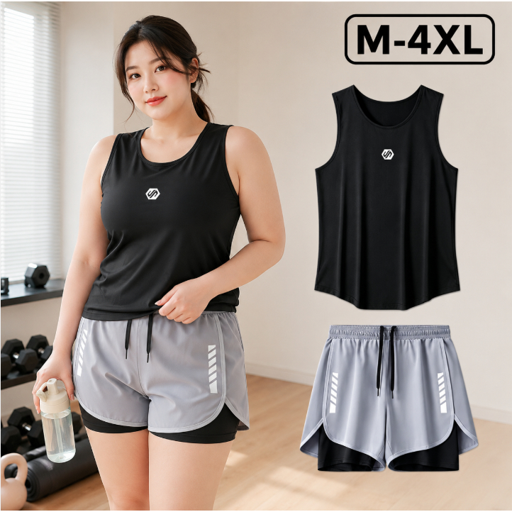 สาวขนาดใหญ่ ม-4เอ็กแอล เสื้อกั๊กกีฬากางเกงขาสั้นชุดสูทเหมาะสําหรับไขมันในร่างกายเล็กน้อยโยคะวิ่งออกกําลังกายผ้าแห้งเร็วไม่เห