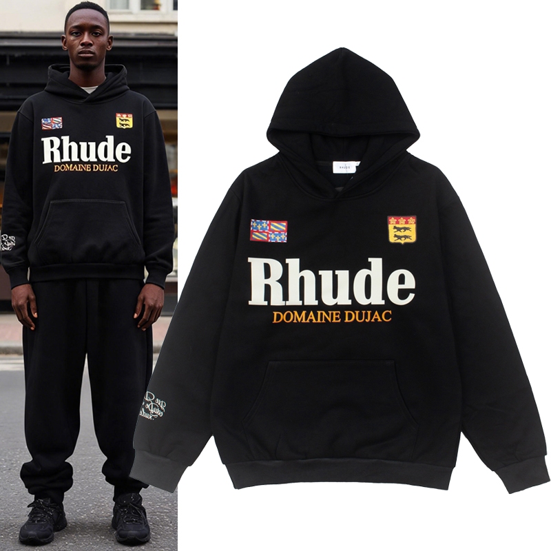 High Street แบรนด์อินเทรนด์ RHUDE 26ss ฤดูใบไม้ร่วง/ฤดูหนาวใหม่คอลเลกชัน Retro โลโก้พิมพ์ Casual Hoo