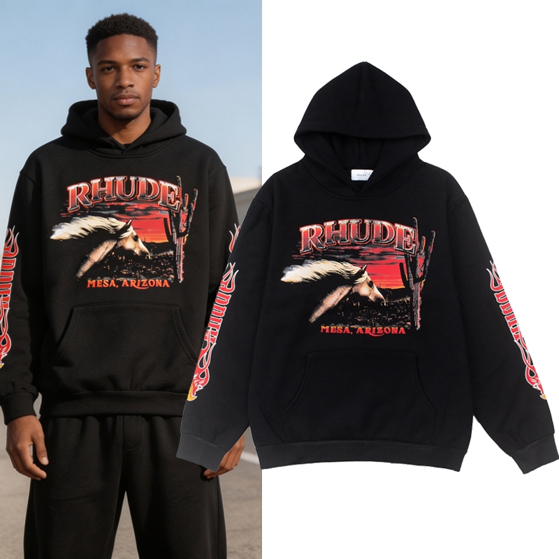 แบรนด์แฟชั่น Rhude hip-hop street retro galalid horse พิมพ์เสื้อกันหนาวมีฮู้ดสําหรับบุรุษเทรนด์ลําลอ