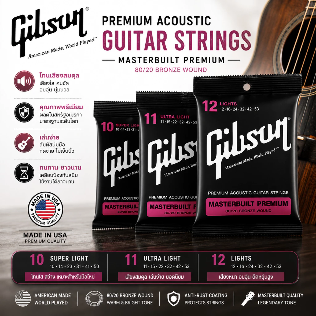 Gibson Masterbuilt Premium 80/20 Bronze Wound สายกีตาร์โปร่ง ของแท้ Made in USA เสียงใส โทนเสียงอบอุ่น เล่นลื่น ใช้งานได้นาน