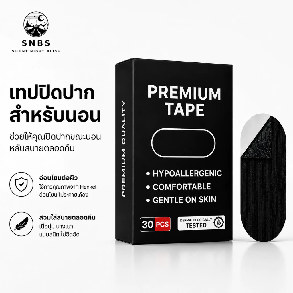 SNBS เทปปิดปากตอนนอน 30 ชิ้น เทปผ้าฝ้าย ระบายอากาศ กาวนุ่ม ไม่ระคายเคือง ปราศจากลาเท็กซ์