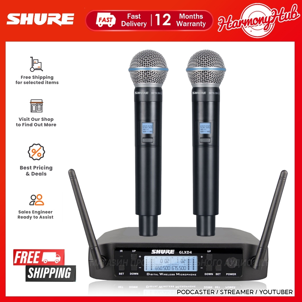 Shure GLXD4/BETA58A ระบบไมโครโฟนไร้สาย UHF ระดับมืออาชีพ ชุดไมโครโฟนแบบมือถือ