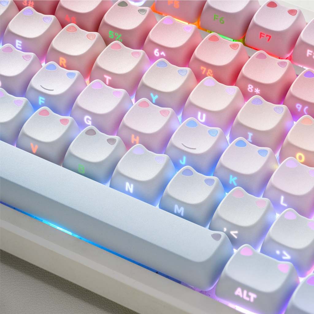 สีชมพูสีฟ้าหูแมวน่ารักด้านข้างพิมพ์ RGB Backlit Keycap ห้าด้าน Dye Sub PBT Keycaps MAO โปรไฟล์สําหรับคีย์บอร์ดแบบกลไก